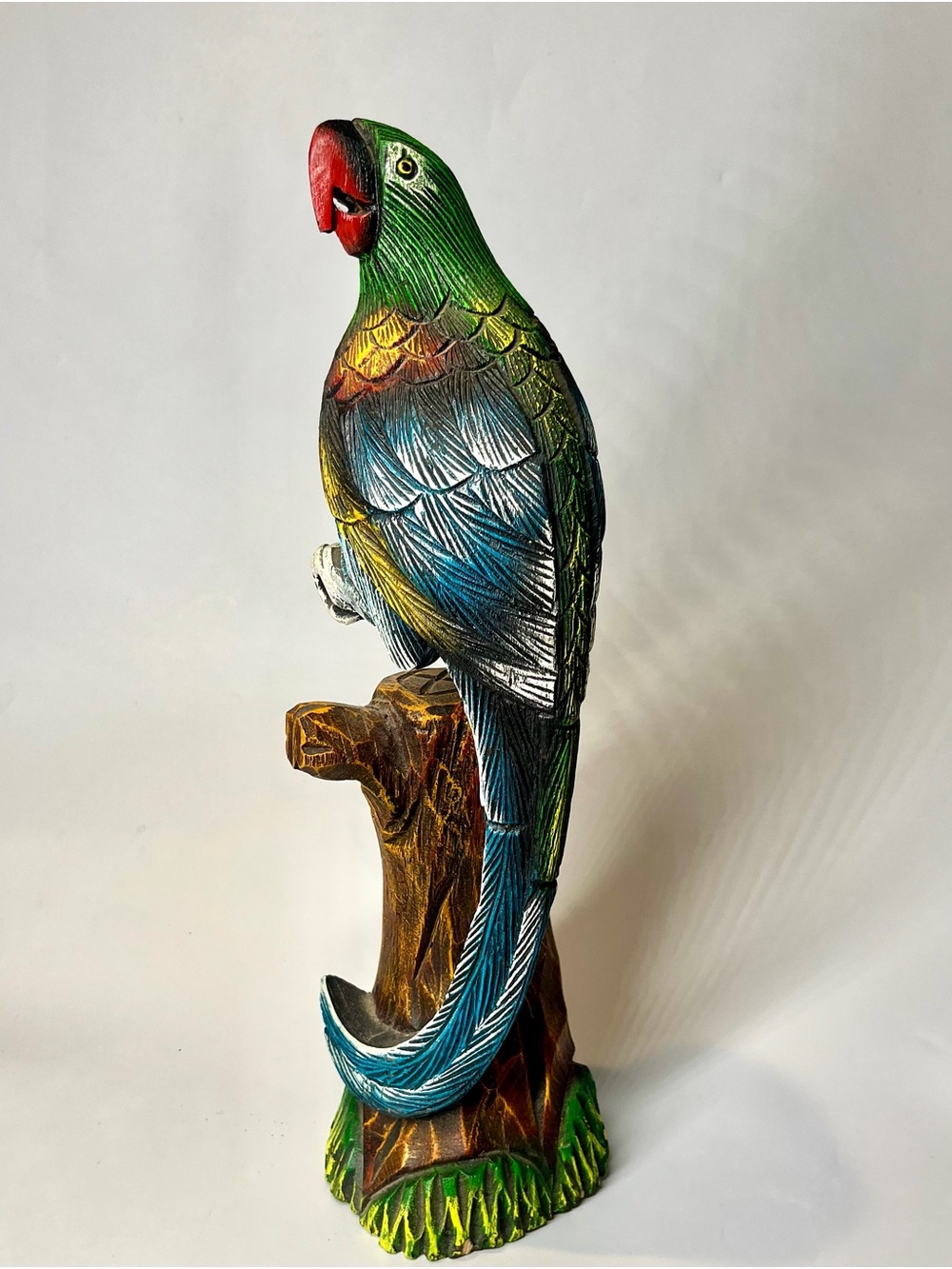 Hand-carved Green Perched Parrot Figurine - home Bird Decor